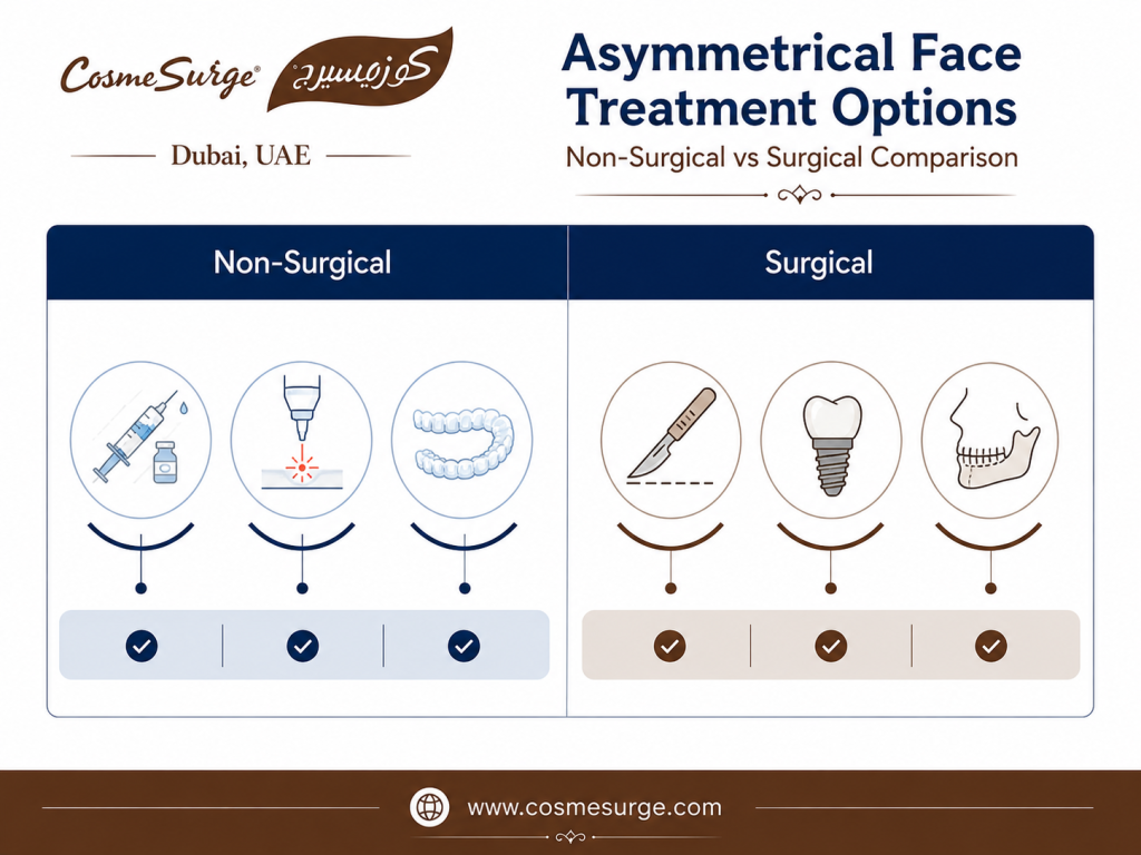 asymmetrical face treatment options comparison — dermal fillers muscle relaxing injections laser orthodontics corrective surgery facial asymmetry correction
