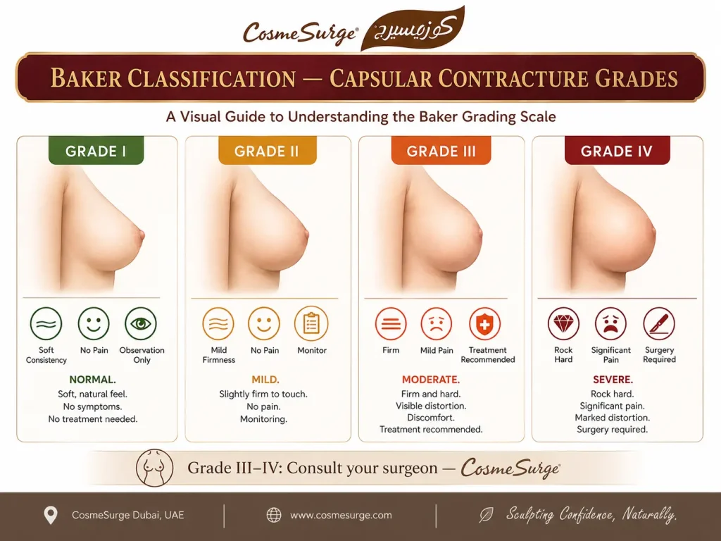 Baker grading scale capsular contracture grades I II III IV visual guide — grade 1 normal soft grade 2 mild firmness grade 3 visible distortion grade 4 severe pain rock hard treatment Baker Classification