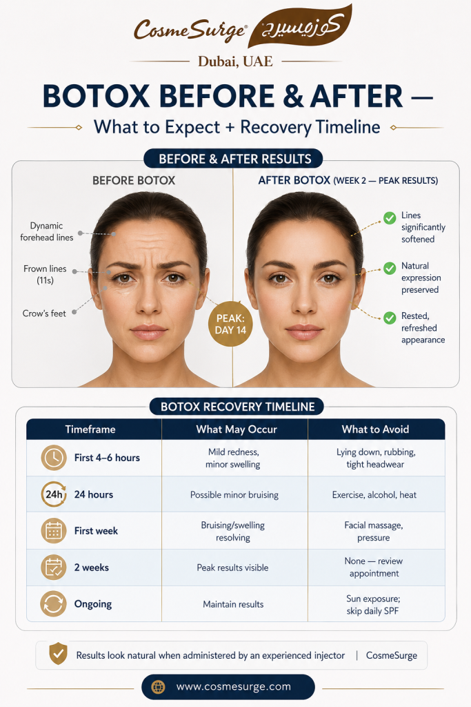 botox before and after what to expect recovery timeline — dynamic wrinkles forehead frown lines peak results 2 weeks aftercare day 1 no exercise 24 hours SPF ongoing botox forehead before and after