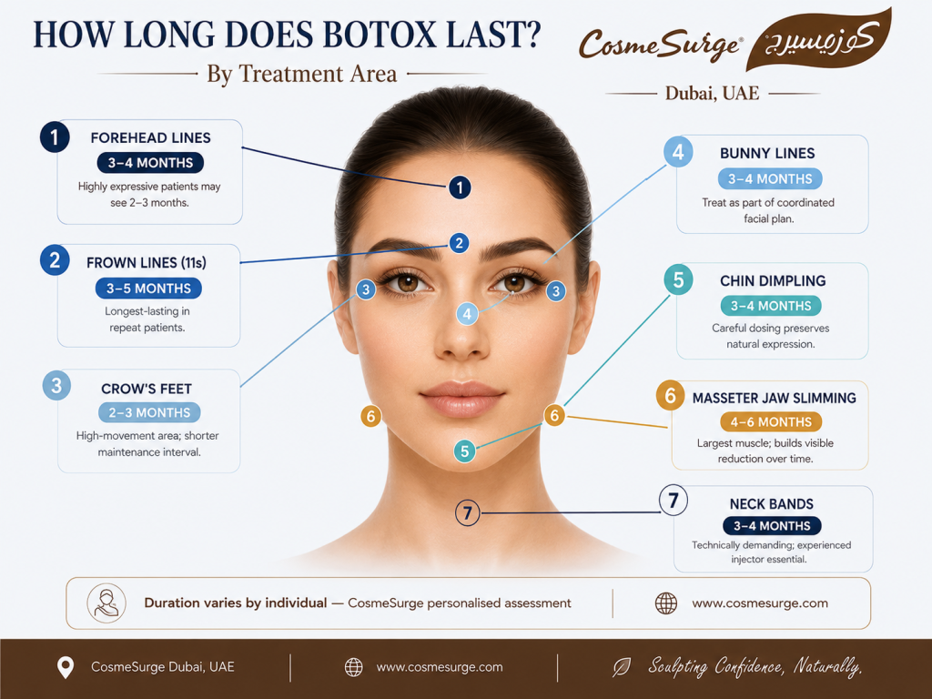botox duration by treatment area — how long does botox last in forehead frown lines 11s crow's feet bunny lines masseter jaw chin neck bands area by area duration guide botox longevity