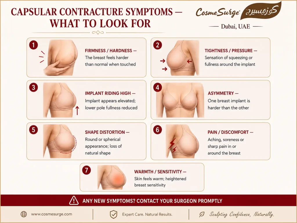 capsular contracture symptoms early signs — breast firmness hardness tightness implant riding high asymmetry shape distortion pain warmth what does capsular contracture feel like early capsular contracture signs