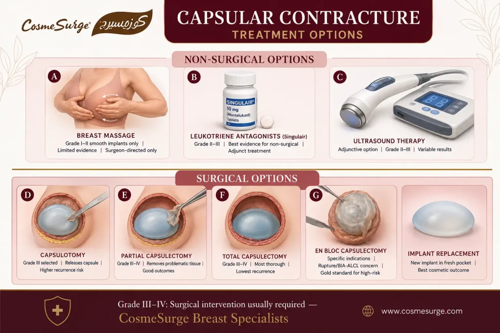 capsular contracture treatment options comparison — non surgical massage leukotriene antagonists medication ultrasound vs surgical capsulotomy partial total capsulectomy en bloc implant replacement capsular contracture surgery