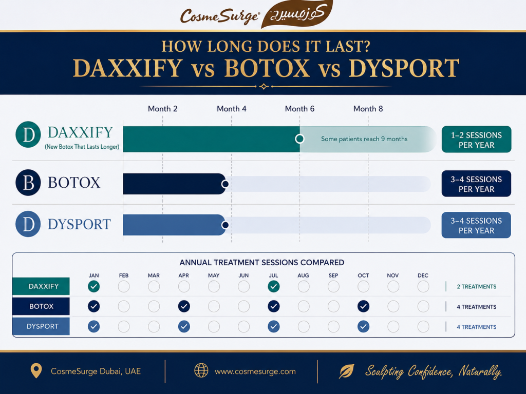 daxxify vs botox duration comparison how long daxxify lasts 6 9 months vs botox 3 4 months dysport annual treatment sessions longer lasting than botox long acting botox what lasts longer than botox