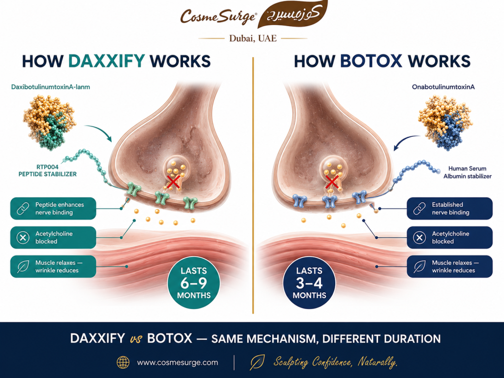 daxxify vs botox mechanism of action diagram — how daxxify works RTP004 peptide stabilizer vs how botox works acetylcholine block neuromuscular junction facial muscle relaxation wrinkle reduction neuromodulator