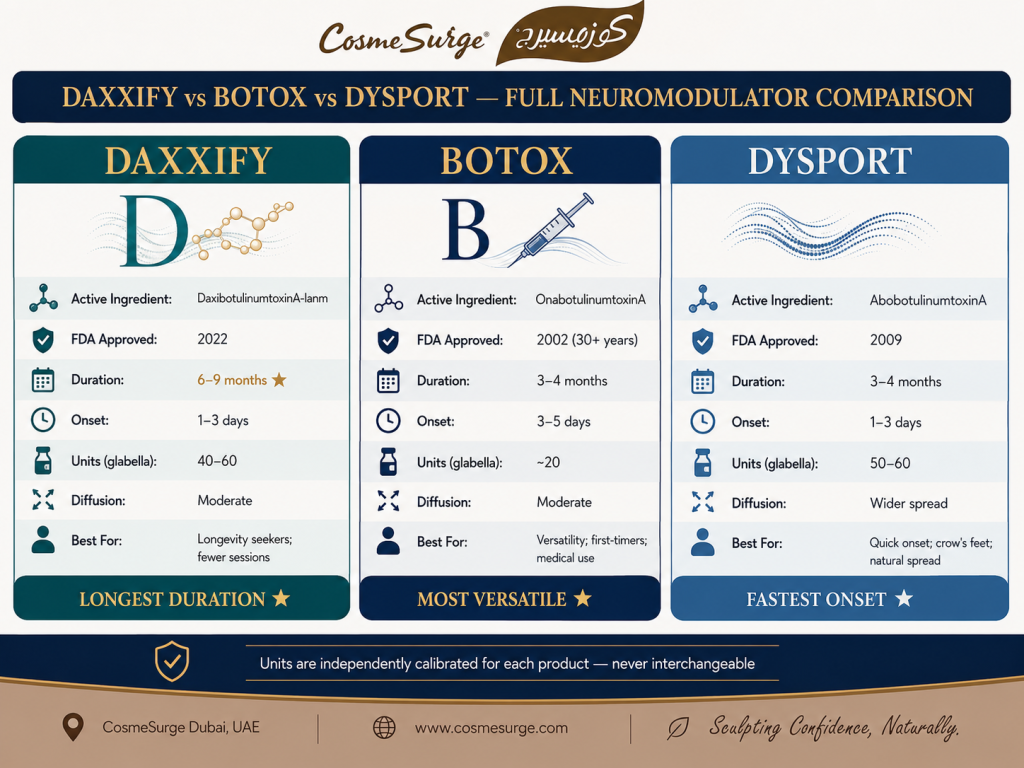 daxxify vs botox vs dysport neuromodulator comparison — active ingredient FDA approval duration onset units diffusion spread best for botox comparison botox competitors generic botox alternatives