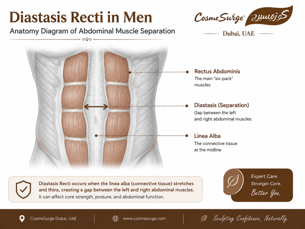 diastasis recti in men anatomy diagram — rectus abdominis muscle separation linea alba widened abdominal wall male diastasis recti