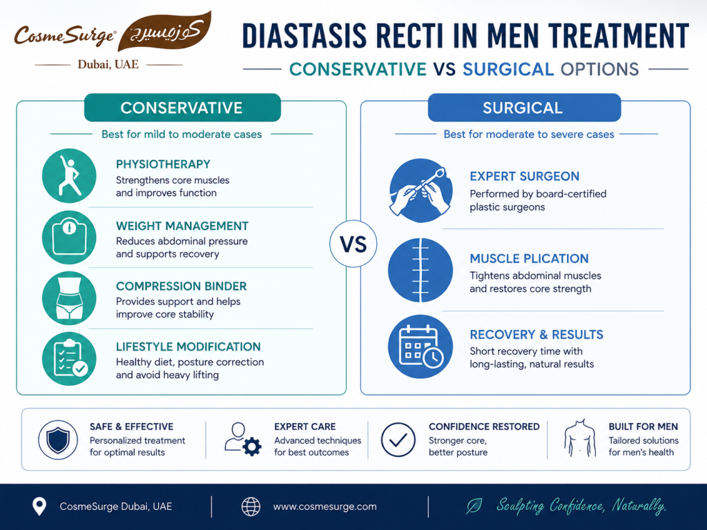 diastasis recti male treatment comparison — physiotherapy weight management abdominal binder vs abdominoplasty surgery male diastasis recti repair options