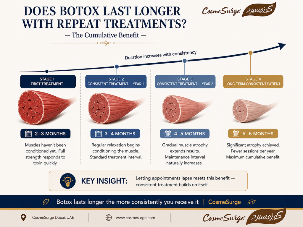 does botox last longer second time repeat treatments cumulative benefit — first time 2 3 months year 1 3 4 months year 2 4 5 months long term 5 6 months muscle atrophy botox longevity consistent treatment