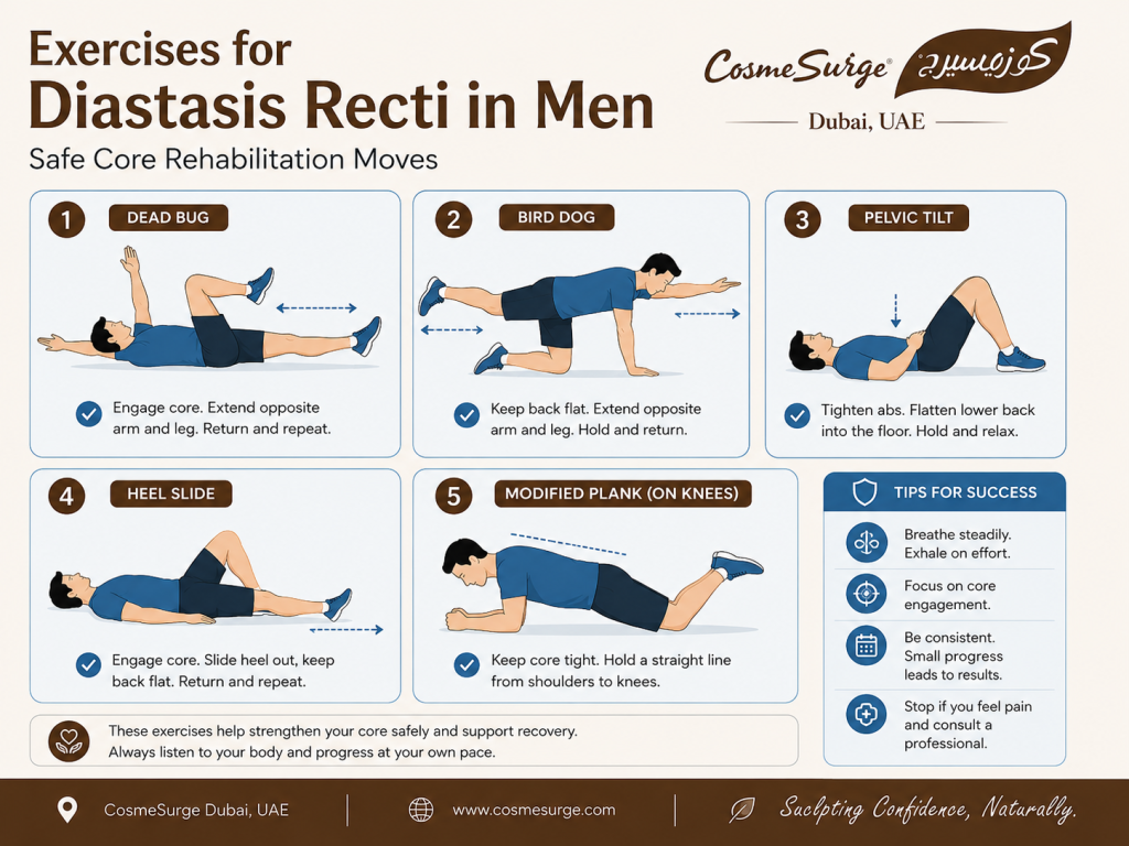exercises for diastasis recti in men — dead bug bird dog pelvic tilt heel slide modified plank male diastasis recti repair exercises safe core rehabilitation