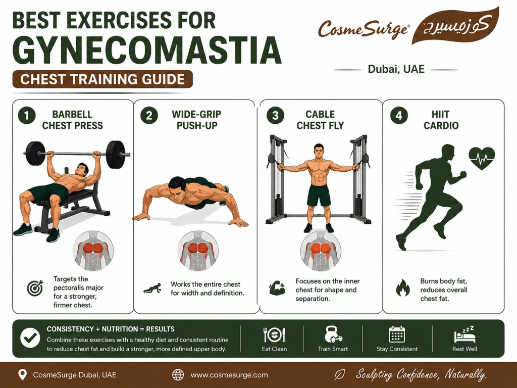 Exercise guide illustration showing four chest and fat-loss exercises recommended for men with gynecomastia — flat barbell chest press, wide-grip push-up, cable chest fly, and HIIT cardio — with form cues and muscle activation indicators