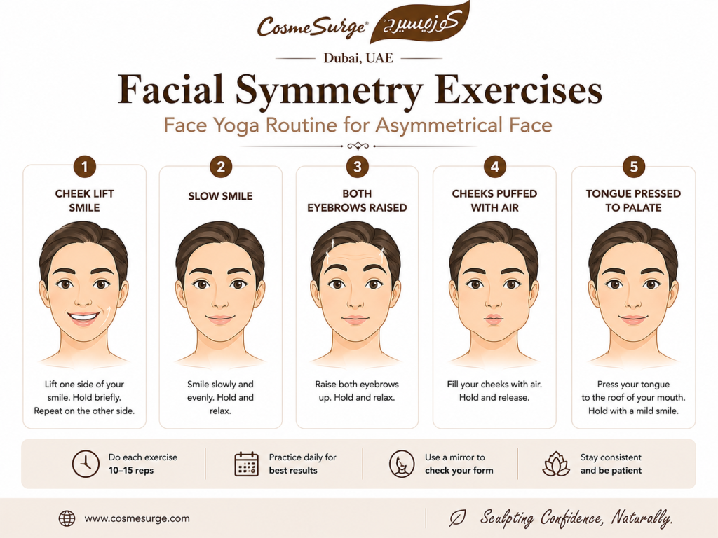 facial symmetry exercises for asymmetrical face — cheek lift balanced smile eyebrow raise jaw puff tongue press face yoga routine