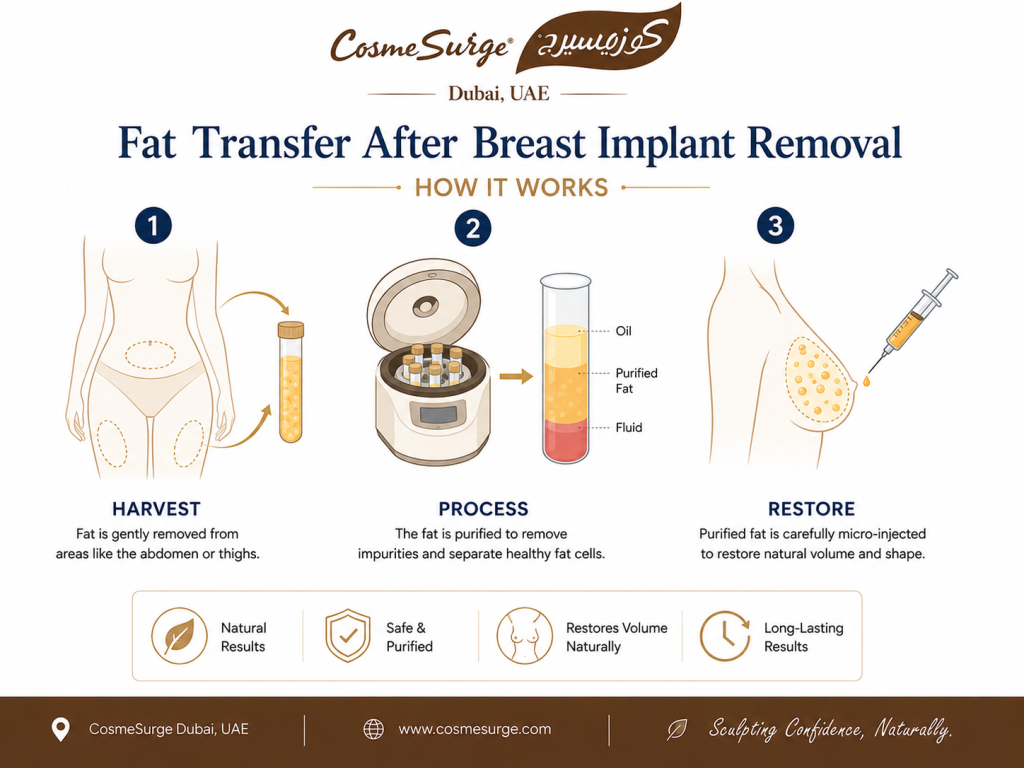 fat transfer after breast implant removal how it works — liposuction donor area fat processing re-injection breast natural volume restoration flat after explant fat grafting