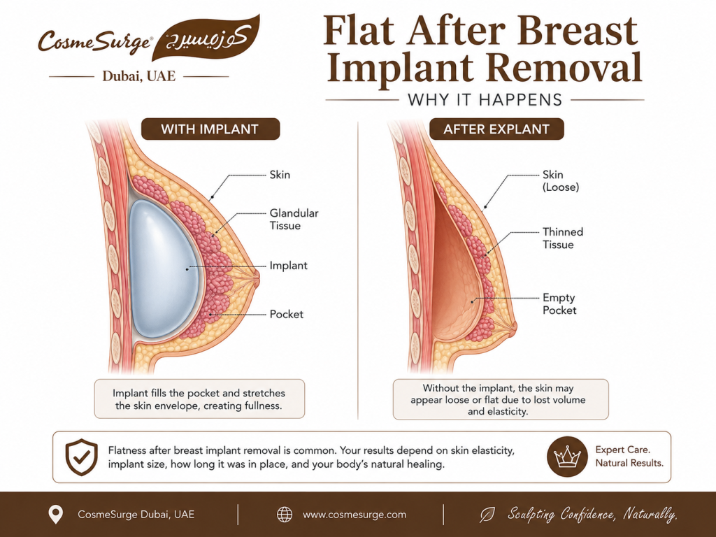flat after breast implant removal anatomy diagram — skin stretching tissue thinning implant volume loss breast pocket deflated explant surgery why breasts look flat