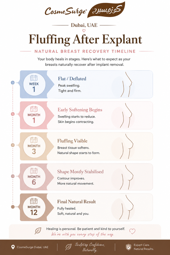 fluffing after explant natural breast recovery timeline — week 1 flat deflated month 1 tissue softening month 3 contour improving month 6 shape stabilised month 12 final result breast implant removal recovery