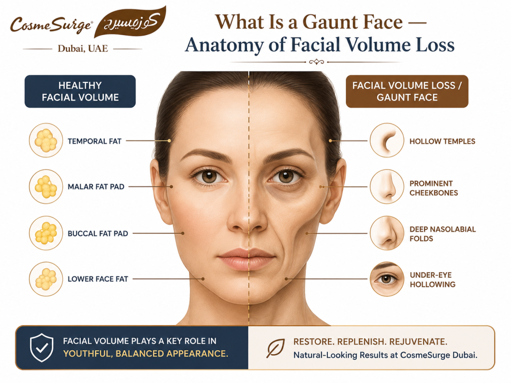Medical illustration of a human face showing the multiple facial fat compartments — temporal, malar, buccal, and lower face — in a healthy state versus a depleted state, demonstrating what a gaunt face looks like when these compartments shrink