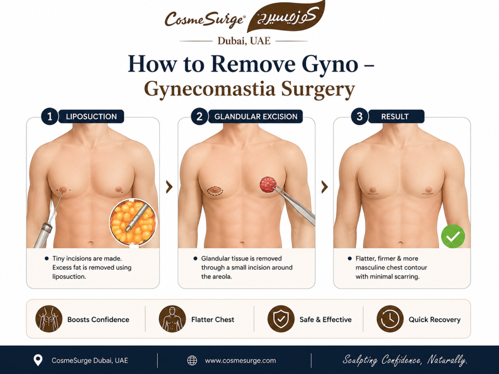 Medical procedure diagram showing the two components of gynecomastia surgery — liposuction of surrounding chest fat via small cannula incisions and direct glandular excision through a periareolar incision — with before-and-after chest contour comparison