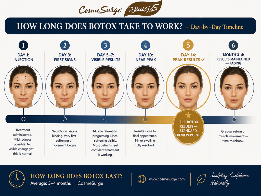 how long does botox last day by day onset timeline — day 1 injection day 3 first effects day 5 7 visible results day 10 near peak day 14 full peak results botox kick in time how long for botox to work