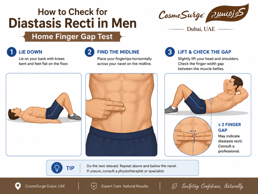 how to check for diastasis recti in men at home — finger gap test lying on back knees bent fingertips midline head lift abdominal separation self check