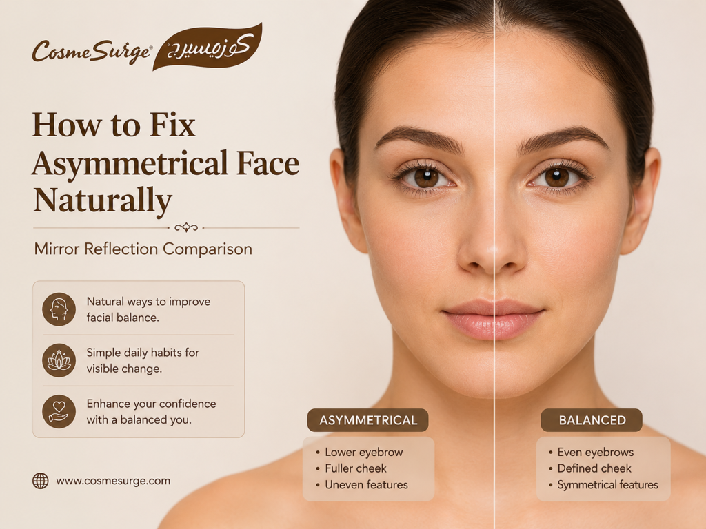 how to fix asymmetrical face naturally — split mirror showing left and right side facial comparison for symmetry