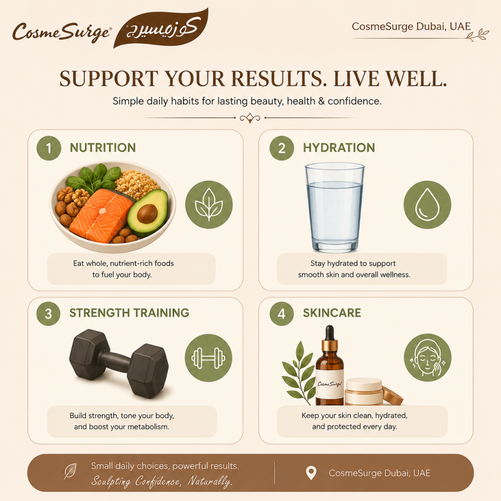 Lifestyle infographic showing four natural approaches to improving facial fullness — a balanced diet rich in healthy fats and protein, adequate hydration, strength training, and collagen-supporting skincare — with simple visual icons for each method
