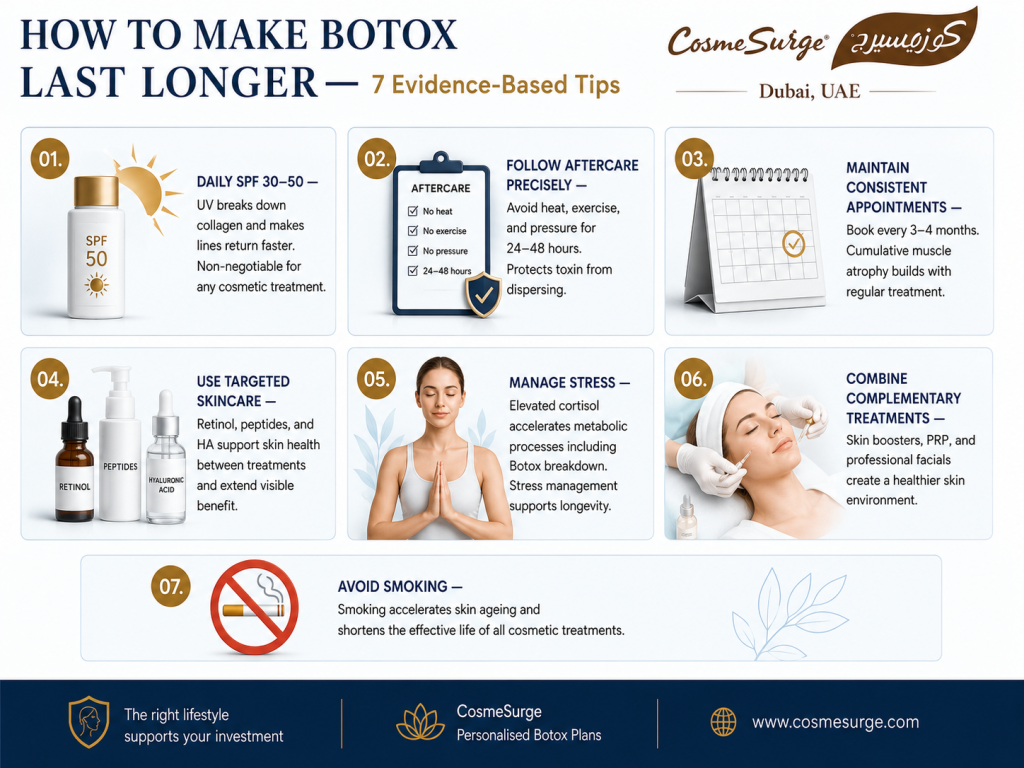 how to make botox last longer 7 tips extend botox results — daily SPF aftercare consistent schedule skincare retinol avoid smoking stress management complementary treatments botox longevity tips