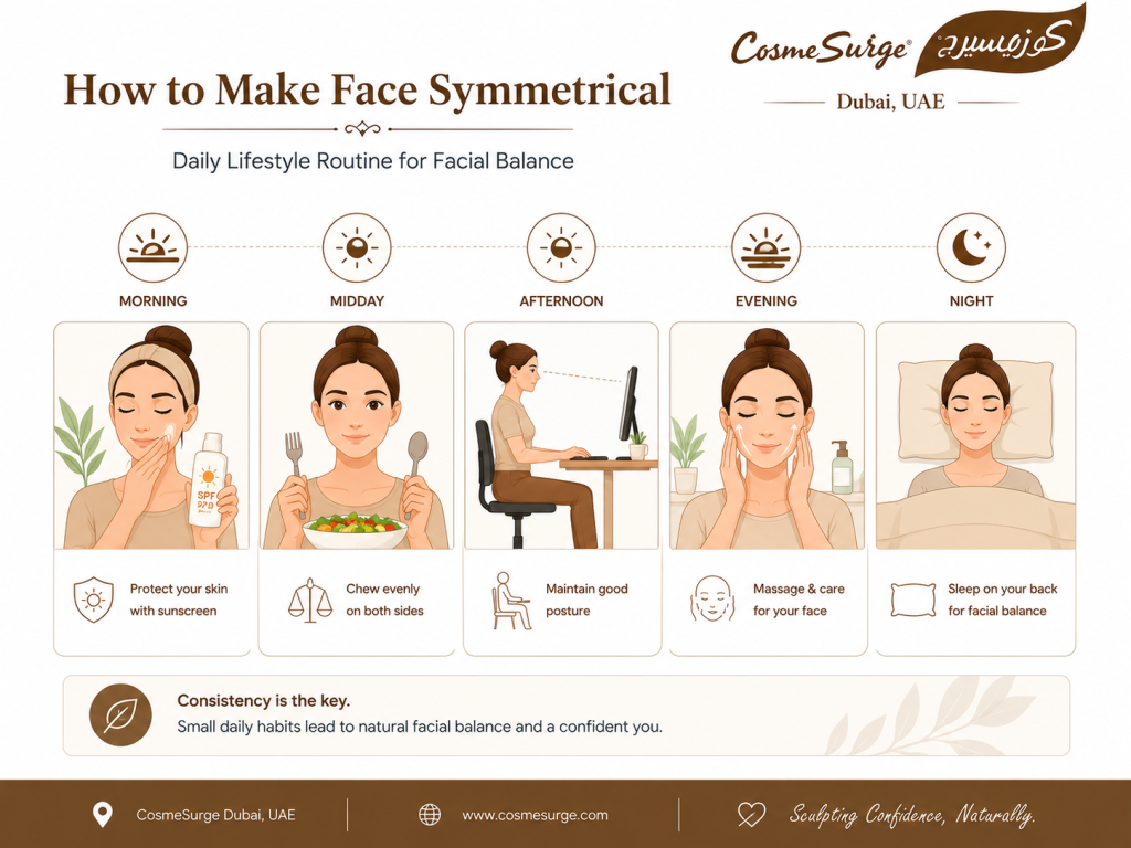 how to make face symmetrical daily routine — back sleeping posture sunscreen even chewing no chin resting lifestyle tips for facial balance