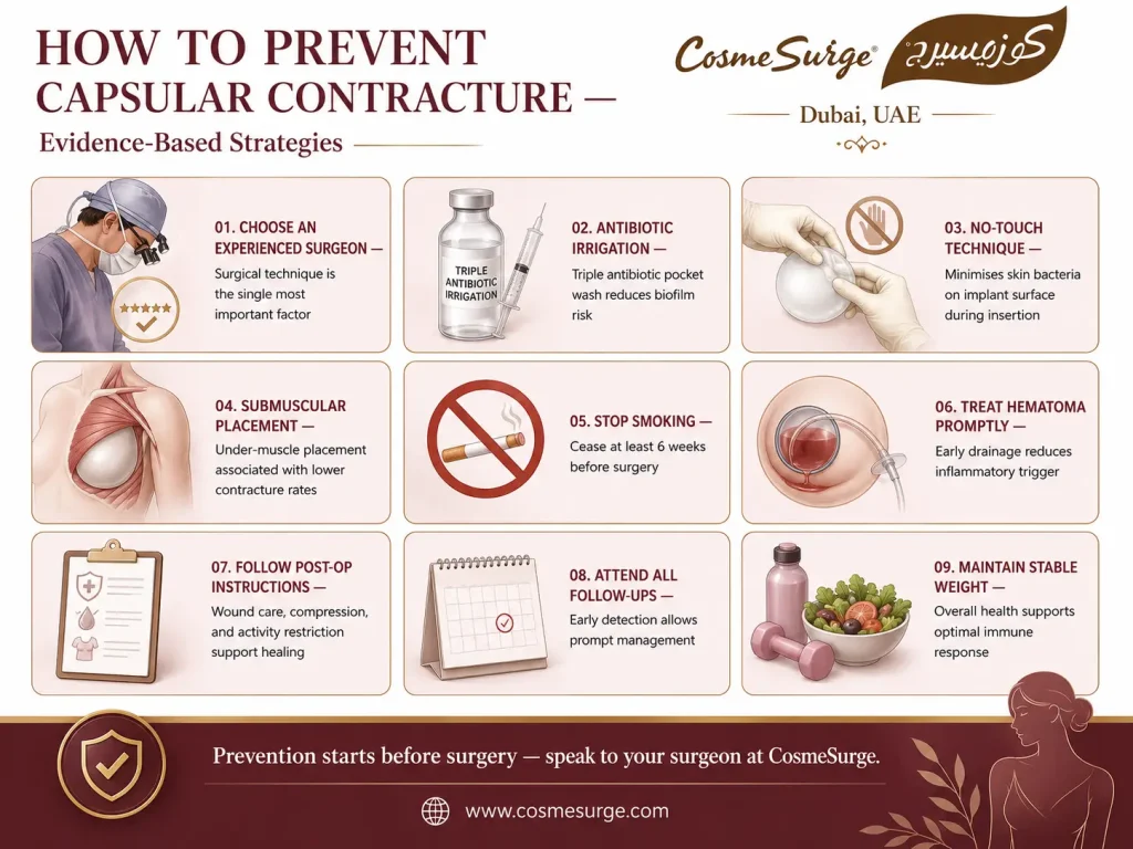 how to prevent capsular contracture prevention strategy guide — surgeon technique antibiotic irrigation no touch technique submuscular placement smoking cessation hematoma treatment post op monitoring avoid capsular contracture