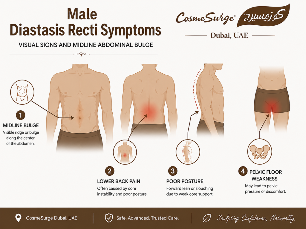 male diastasis recti symptoms — midline abdominal bulge core weakness lower back pain poor posture diastasis recti men signs