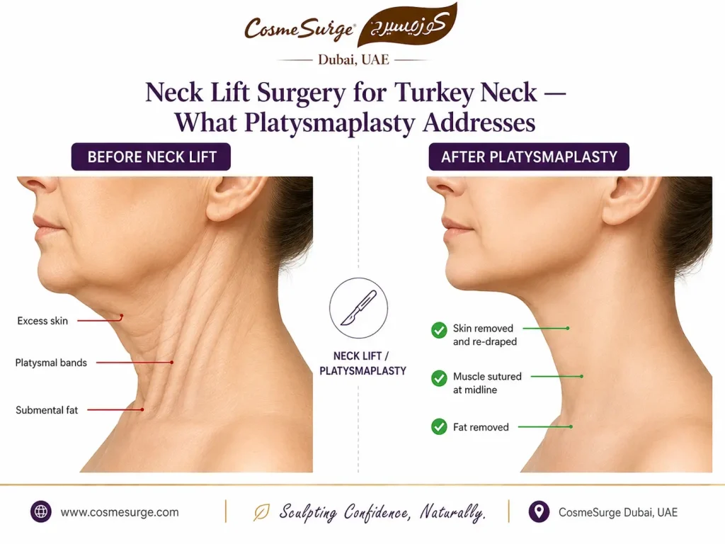 neck lift surgery platysmaplasty turkey neck — excess skin removal platysma muscle repair submental fat removal defined jawline neck lift before after illustration turkey neck removal