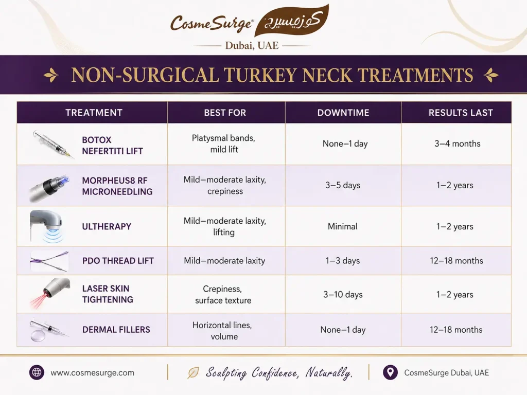 non surgical turkey neck treatment comparison chart — Botox Nefertiti Lift Morpheus8 RF microneedling Ultherapy PDO thread lift laser skin tightening dermal fillers downtime results duration