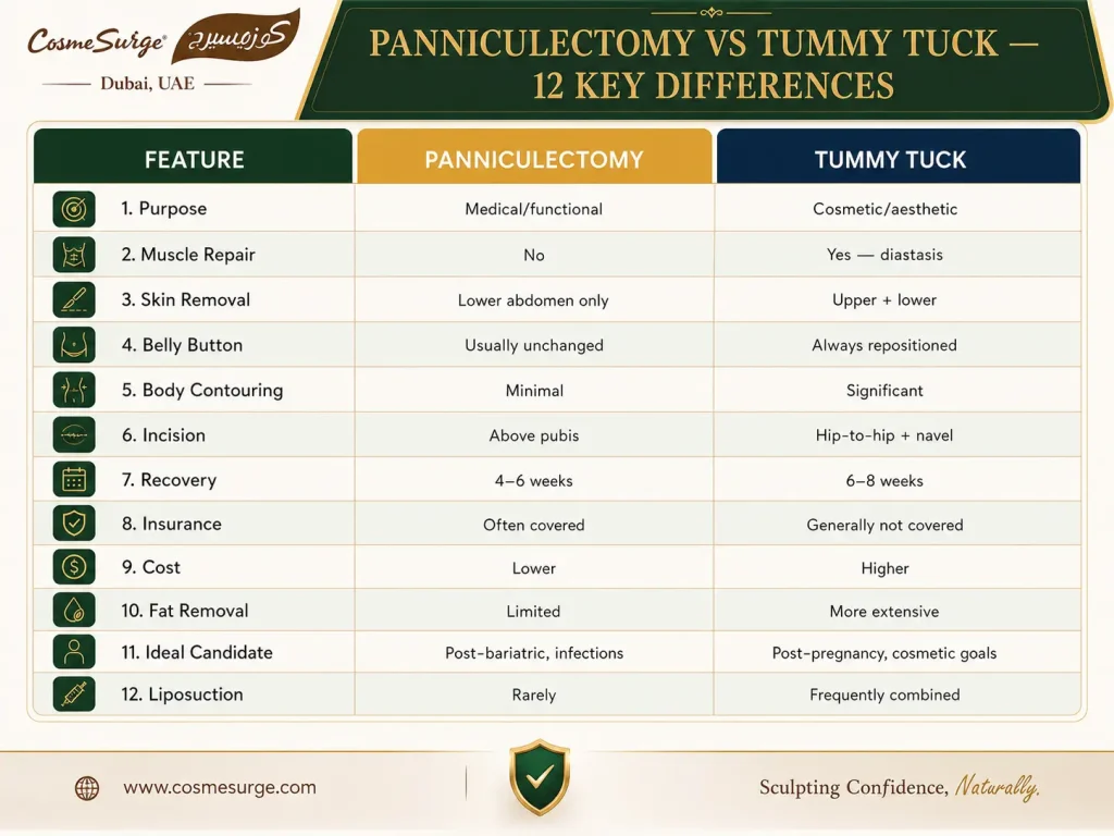 panniculectomy vs tummy tuck 12 key differences chart — purpose muscle repair skin removal belly button repositioning body contouring recovery insurance coverage cost abdominoplasty panniculectomy comparison