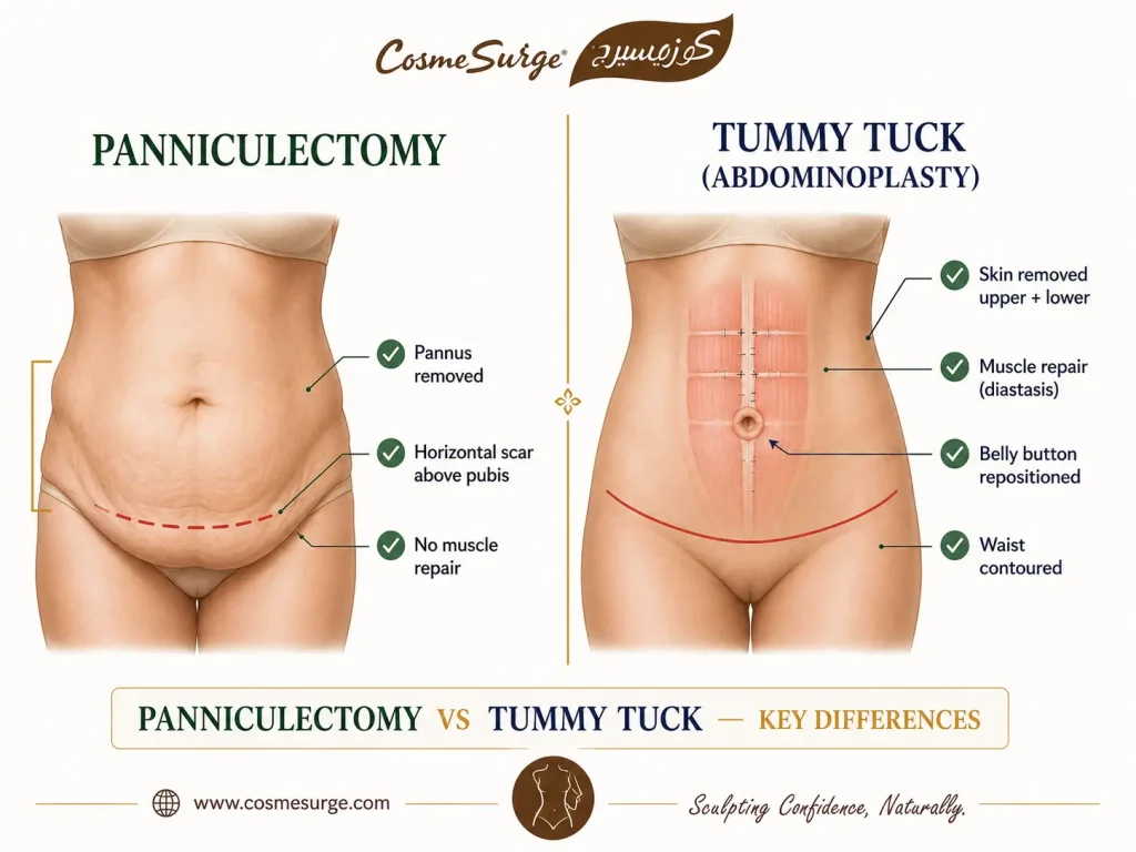panniculectomy vs tummy tuck anatomy comparison diagram — pannus removal skin only vs abdominoplasty skin muscle repair belly button repositioning incision placement difference between panniculectomy and tummy tuck