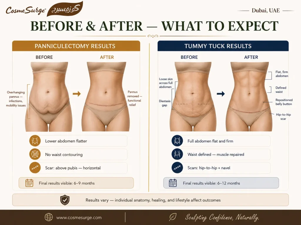 panniculectomy before and after vs tummy tuck before and after expected results — abdominal contour pannus removal waist contouring diastasis repair belly button scar placement 6 months final results panniculectomy vs tummy tuck photos