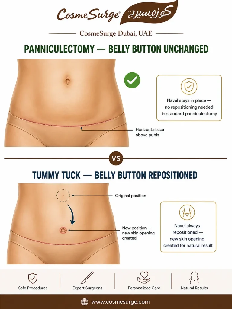panniculectomy belly button vs tummy tuck belly button — panniculectomy no belly button change navel repositioned abdominoplasty new opening two belly buttons scar circular navel result