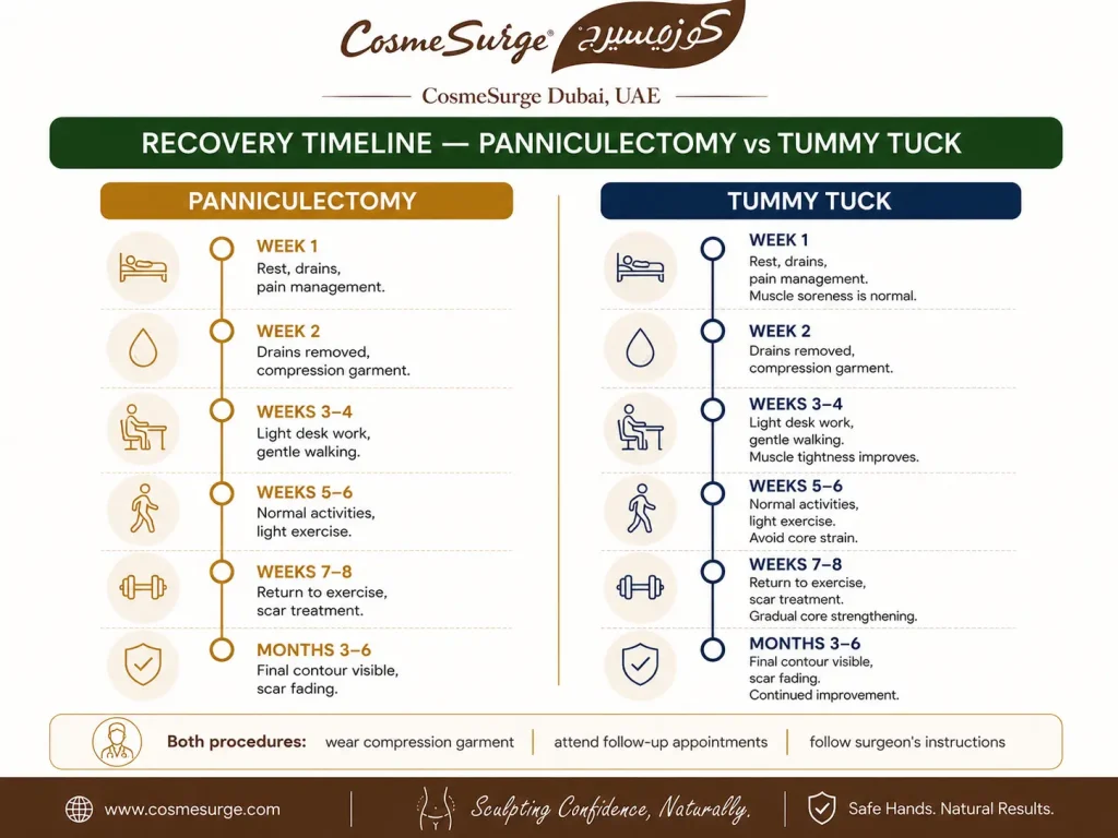 panniculectomy recovery timeline vs tummy tuck recovery week by week — drains removed compression garment return to work exercise swelling scar healing panniculectomy recovery photos 6 months final results