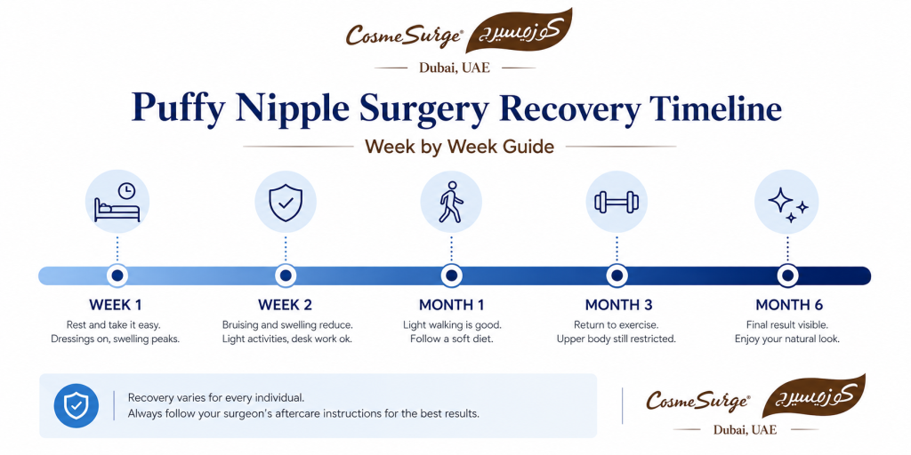 puffy nipple surgery recovery timeline — week 1 compression garment week 2 swelling bruising month 1 light activity month 3 exercise month 6 final results gynecomastia surgery recovery