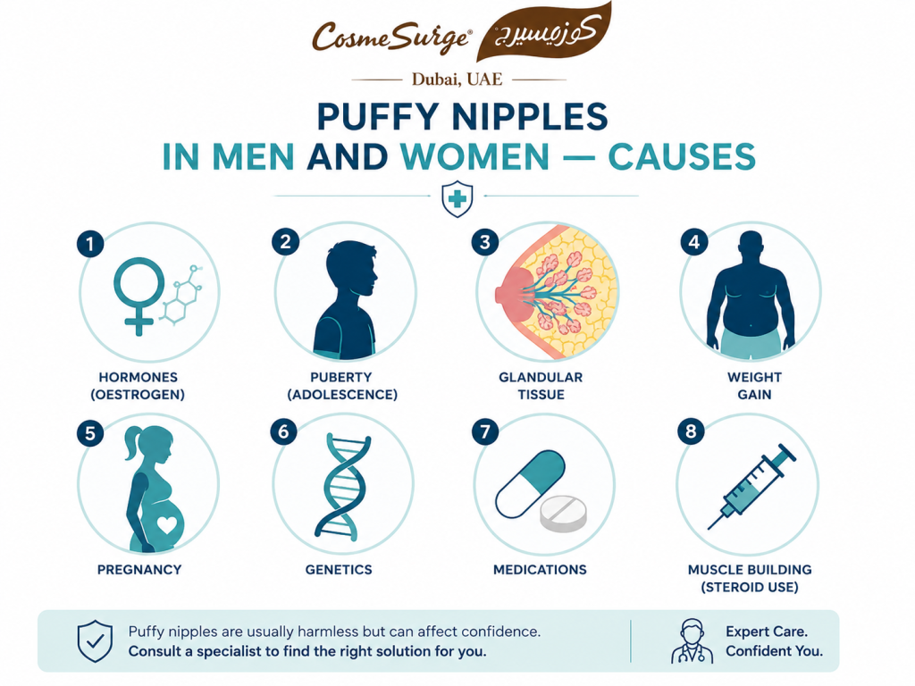 puffy nipples causes infographic — hormonal imbalance gynecomastia puberty weight gain pregnancy anabolic steroids what causes puffy nipples men women