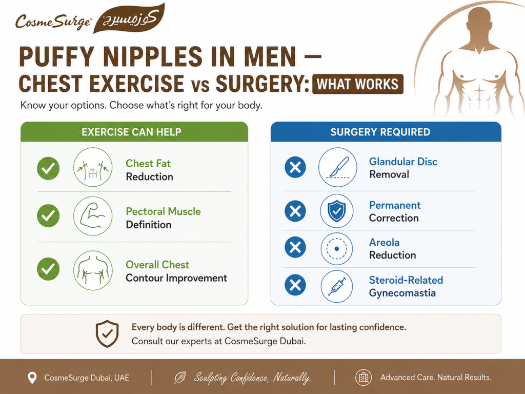 puffy nipples men chest exercise vs surgery — what exercise can fix fat-based puffiness vs what surgery fixes glandular tissue gynecomastia how to fix puffy nipples male