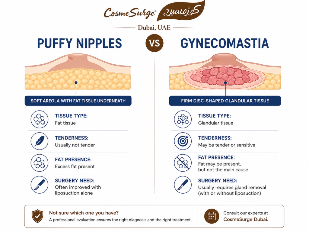 puffy nipples vs gynecomastia comparison diagram men — glandular tissue disc fat tissue firmness tenderness surgery puffy nipple syndrome male gynecomastia difference