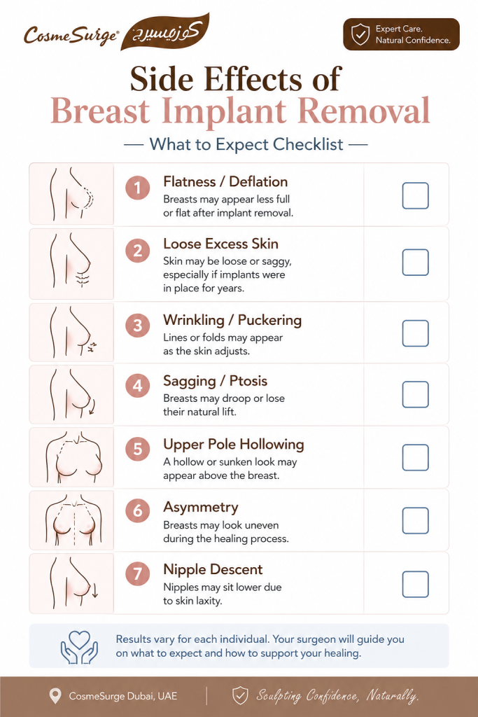 side effects breast implant removal checklist — flatness loose skin sagging ptosis upper pole hollowing asymmetry nipple descent wrinkling flat after explant what to expect
