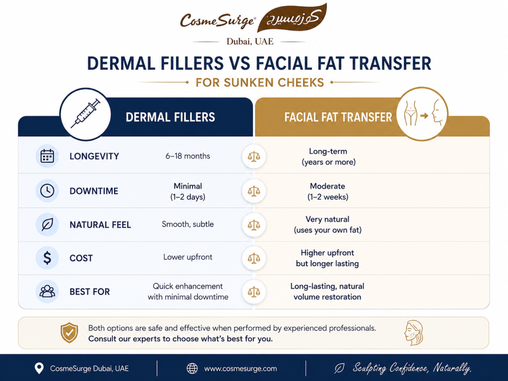 Side-by-side clinical comparison graphic showing dermal fillers versus facial fat transfer for treating sunken cheeks and hollow cheeks, with comparison rows for longevity, downtime, natural feel, cost, and best candidate type