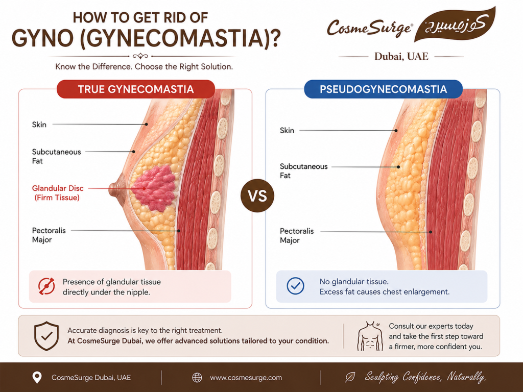 Medical cross-section diagram comparing true gynecomastia with glandular breast tissue beneath the nipple versus pseudogynecomastia showing fat-only chest enlargement in men, with labels identifying the glandular disc, areola, pectoralis muscle, and subcutaneous fat layer