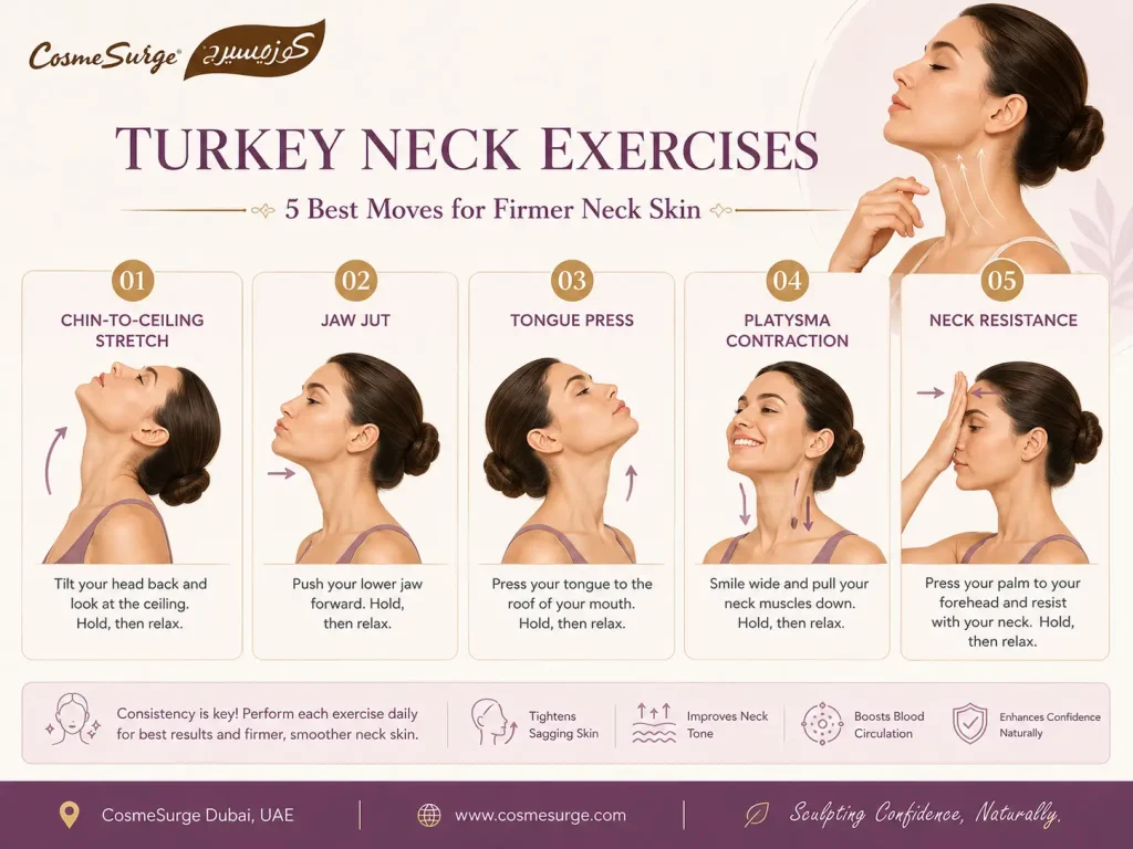 turkey neck exercises illustrated guide — chin to ceiling stretch jaw jut tongue press platysma contraction neck resistance best exercises for turkey neck tightening sagging neck skin