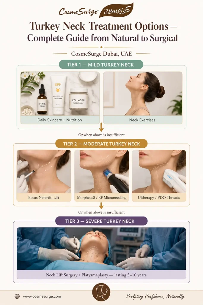 turkey neck treatment complete guide — mild natural remedies exercises moderate Morpheus8 Ultherapy PDO threads severe neck lift platysmaplasty how to get rid of turkey neck treatment pathway