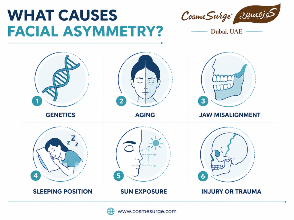 what causes facial asymmetry infographic — genetics aging jaw issues sleeping position sun damage injury causes diagram