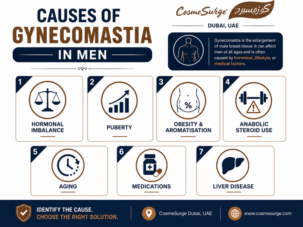 Infographic showing 7 causes of gynecomastia in men: hormonal imbalance between oestrogen and testosterone, puberty, obesity and aromatisation, anabolic steroid use, aging and testosterone decline, medications including antidepressants and heart drugs, and liver disease