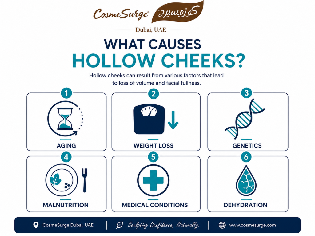 Alt Text Infographic showing 6 causes of hollow cheeks and sunken cheeks: aging and fat compartment loss, significant weight loss, genetic predisposition to low facial fat, malnutrition and being underweight, medical conditions such as HIV lipodystrophy, and dehydration — each with an explanatory icon