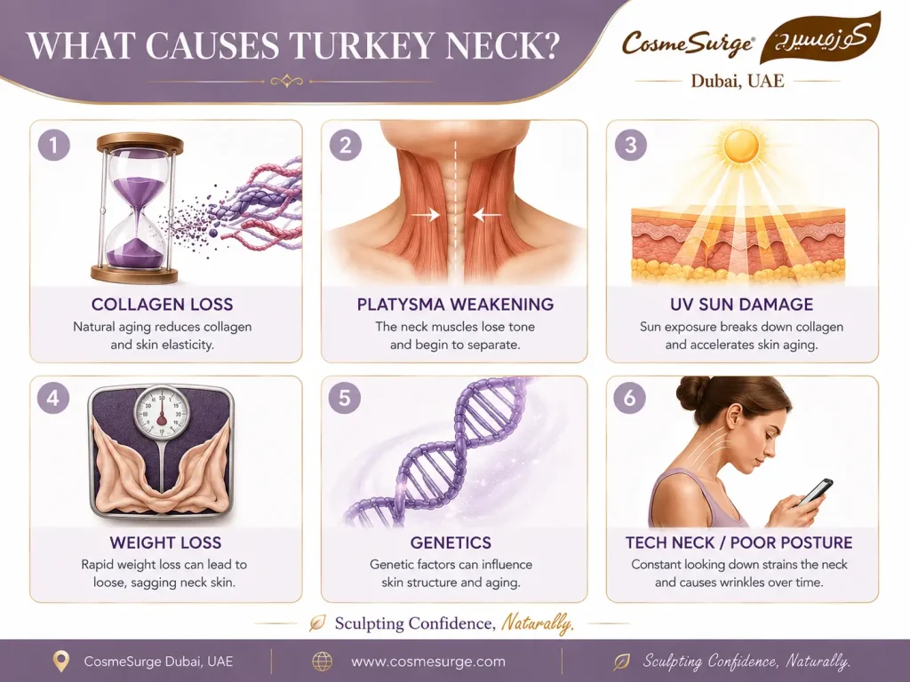 what causes turkey neck infographic — collagen loss aging platysma muscle weakening UV sun damage weight loss genetics tech neck poor posture turkey neck causes