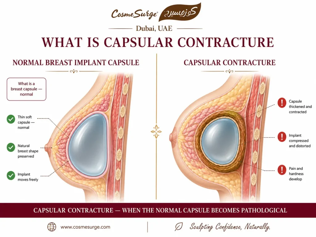 what is capsular contracture breast implant capsule anatomy diagram — normal thin soft capsule vs thickened contracted capsule implant compression shape distortion encapsulated breast implant