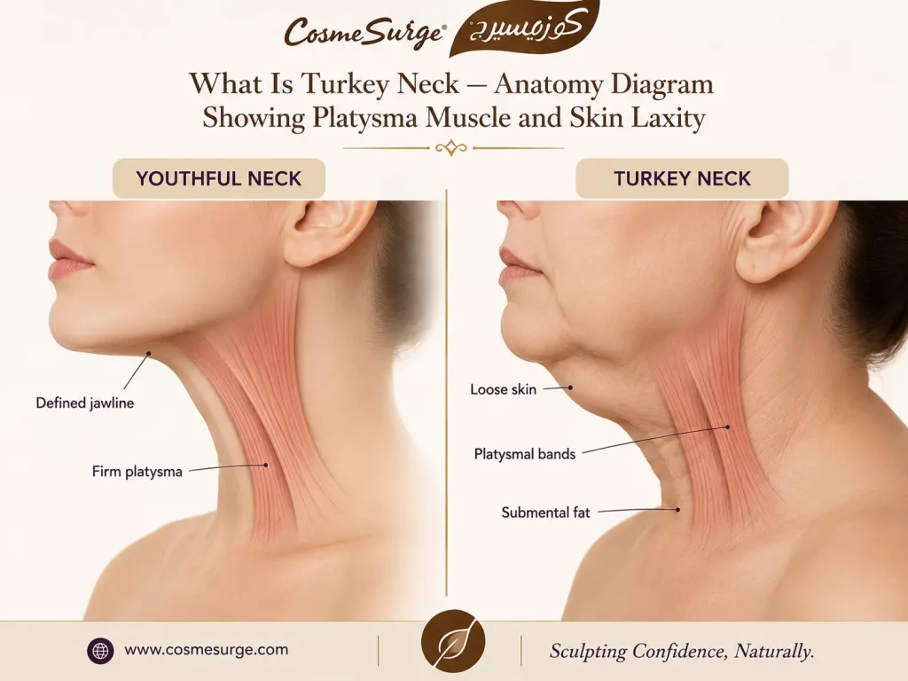 what is turkey neck anatomy diagram — platysma muscle banding loose neck skin sagging skin under chin collagen loss submental fat jawline laxity turkey neck causes